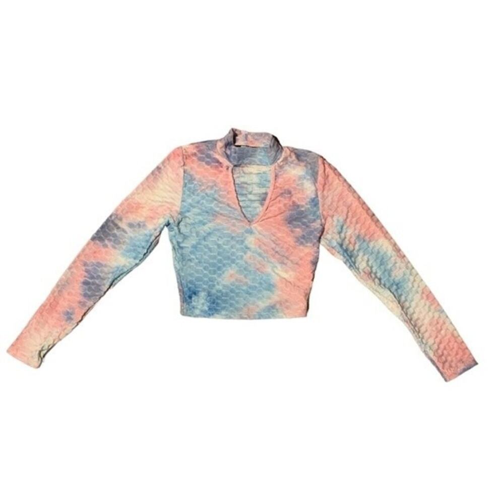 Jolie & Joy Crop Top Long Sleeve Mock Neck Tie Dye Pink Blue Size Small